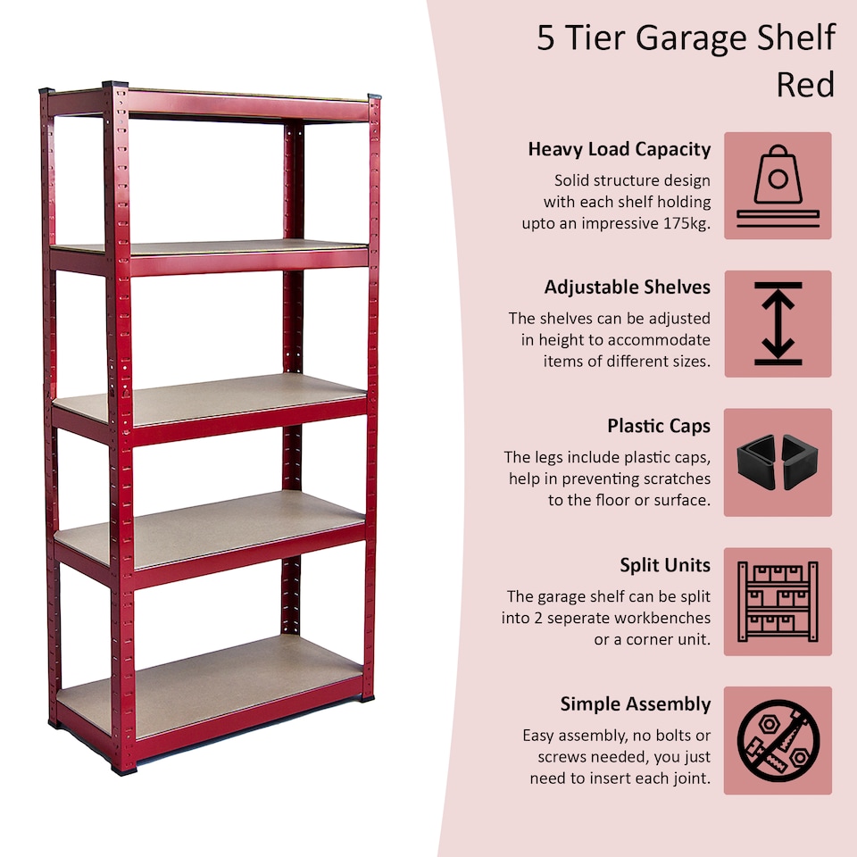 image 1 of Home Vida 5 Tier Large Heavy Duty Garage Shelves Adjustable Steel Shelving Storage Units - Red - Holds Upto 875kg Per Bay - 4 Bays