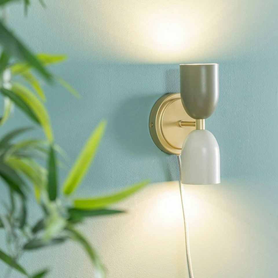 image 1 of ValueLights Tate Pair of - Plug in Gold Up & Down Easy Fit Wall Lights with Khaki / Cream Shades - Bulbs included