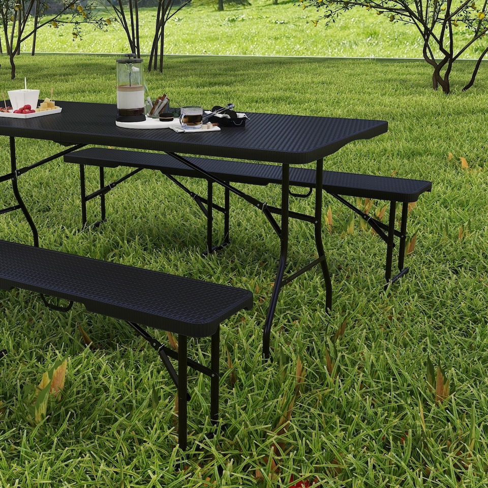 image 1 of Outsunny Folding Picnic Table and Bench Set, Rattan Effect Portable Camping Table and Chairs with Carrying Handles for Indoor Outdoor, Dining, Camping, Picnic, BBQ, Party, Black
