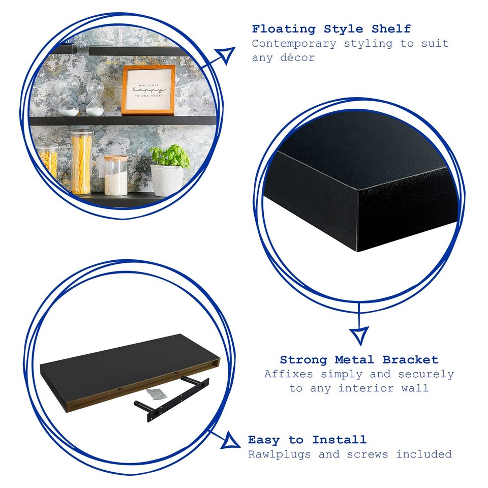 image 1 of Harbour Housewares Modern Floating Wall Shelves - 80cm - Black - Pack of 2