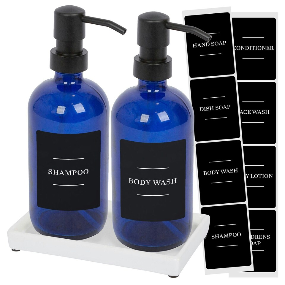image 1 of Harbour Housewares 2pc Glass Soap Dispenser Set with Ceramic Tray & Labels - 500ml - Blue/Black