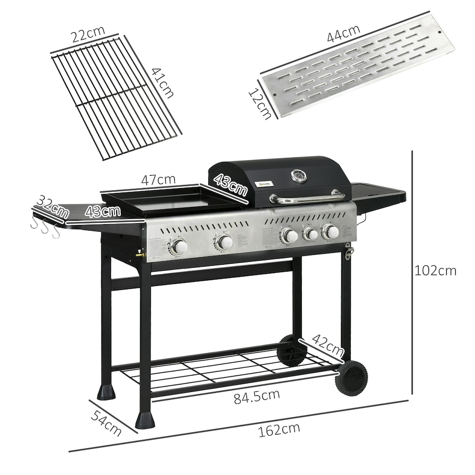 image 1 of Outsunny Gas Grill and Plancha with 12 kW 4+1 Burners for Garden Party