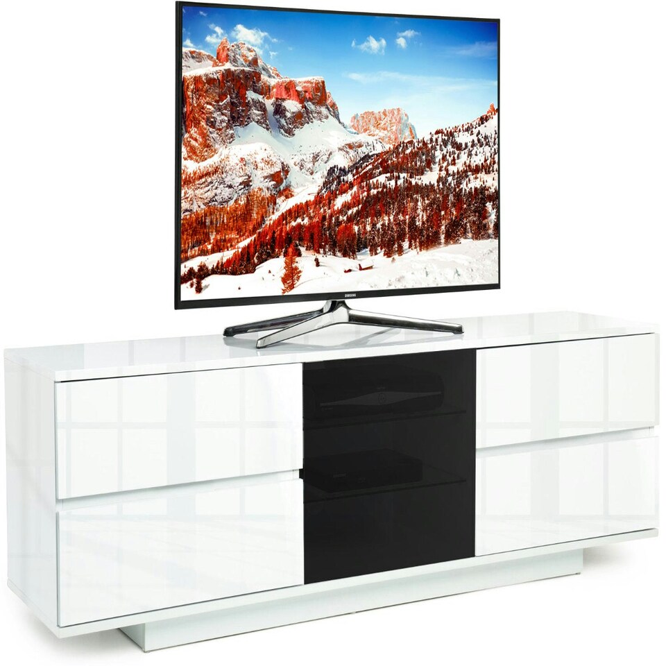 image 1 of Centurion Supports AVITUS ULTRA Remote Friendly BeamThru Gloss White with 4-White Drawers 32"-65" Flat Screen TV Cabinet White