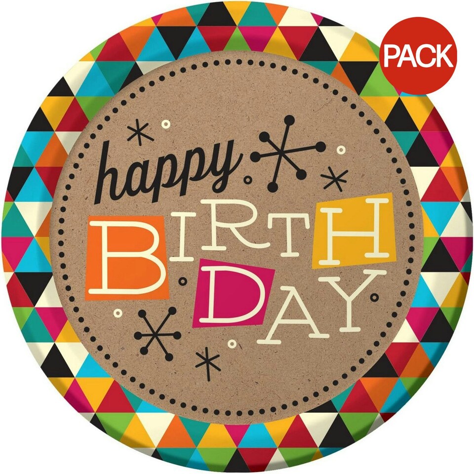 Creative Party Paper Round Happy Birthday Plate (Pack of 8) - Multicoloured - One Size