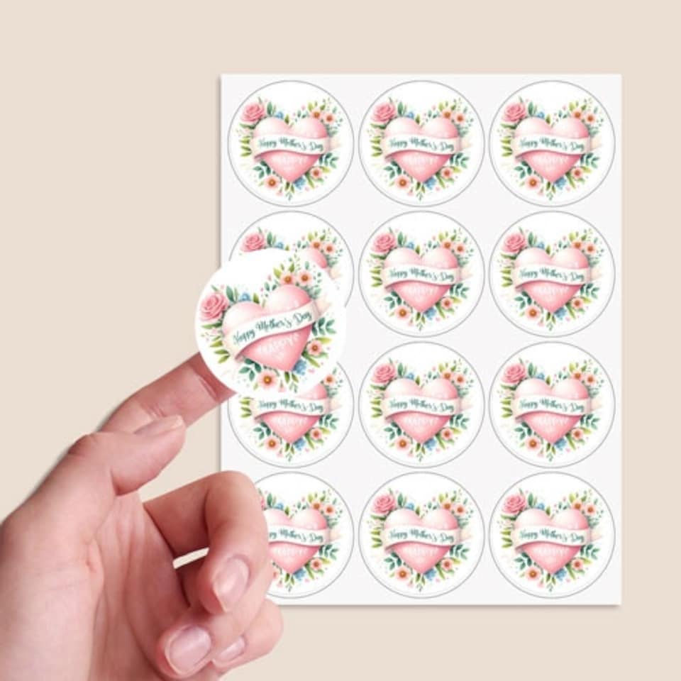 image 1 of Mother's Day Pink Heart Round Stickers 60mm - Sheet of 12