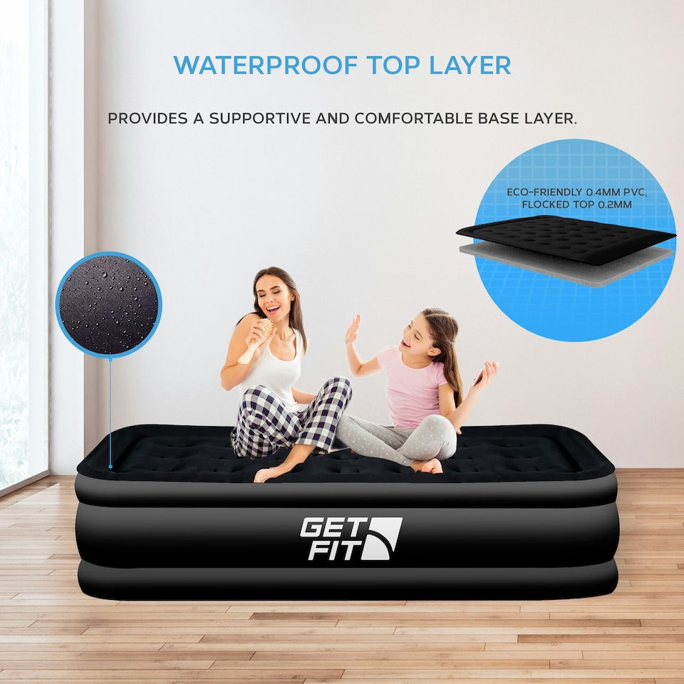 image 1 of Get Fit Air Bed with Built In Electric Pump - Premium Single Size - Blow Up Bed with Free Pillow - Elevated Inflatable Air Mattress for Outdoor - Black Mono