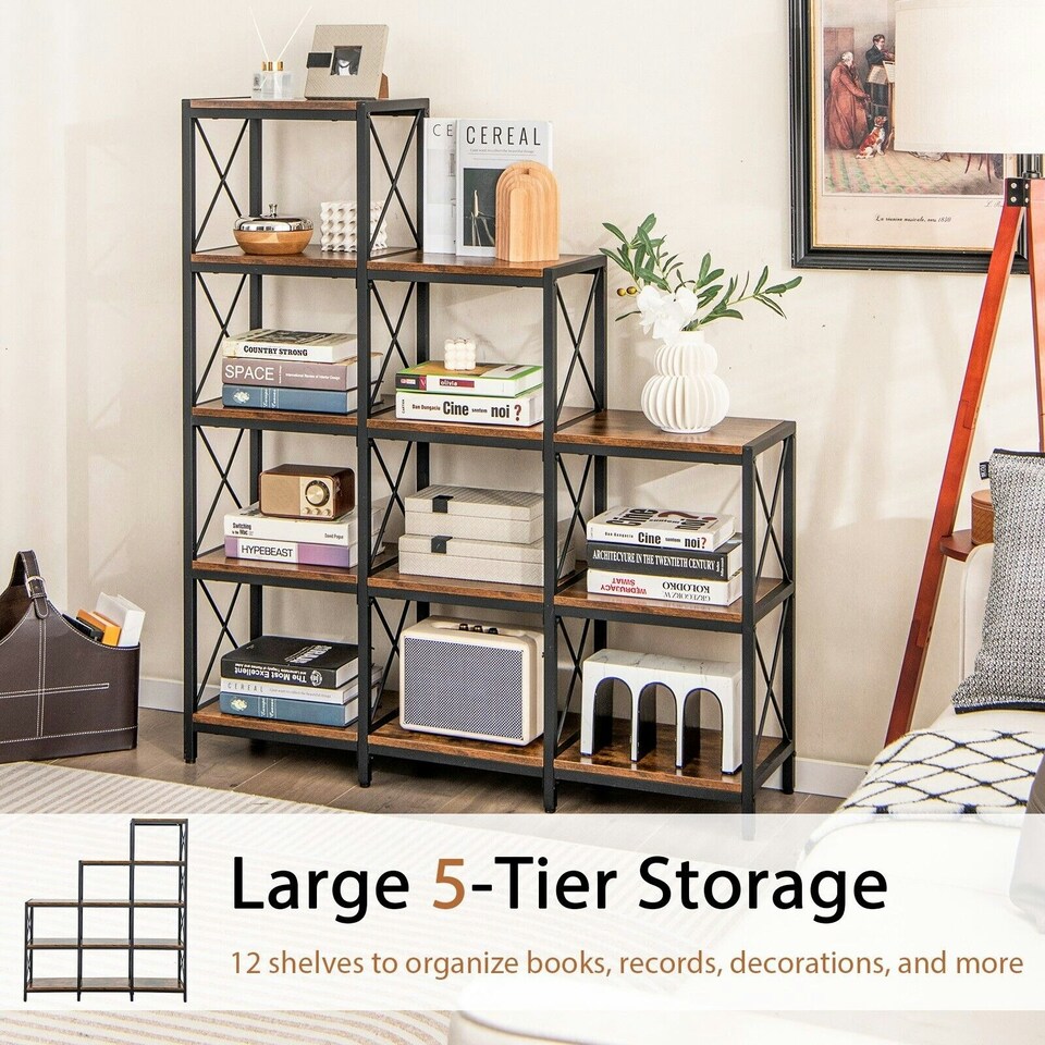 image 1 of COSTWAY Wooden 9 Cube Bookcase 5 Tier Bookshelf Anti-toppling Brown