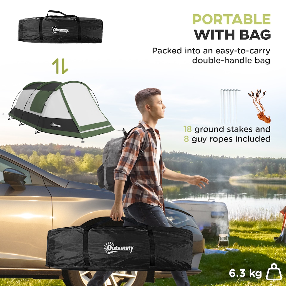 image 1 of Outsunny Tunnel Tent with Bedroom, Living Room and Porch for 3-4 Man, Green