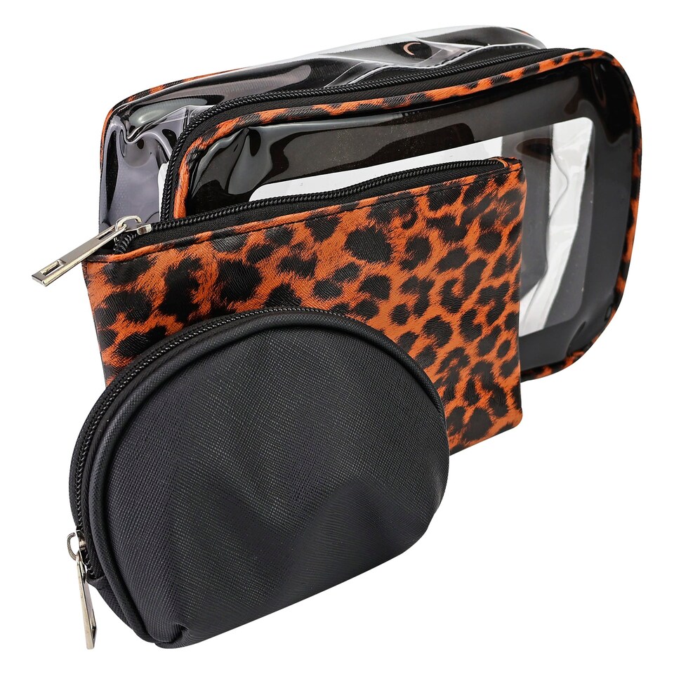 image 1 of 3 Piece Ladies Cosmetic Bag Set Leopard Print Makeup Toiletry Travel Bags