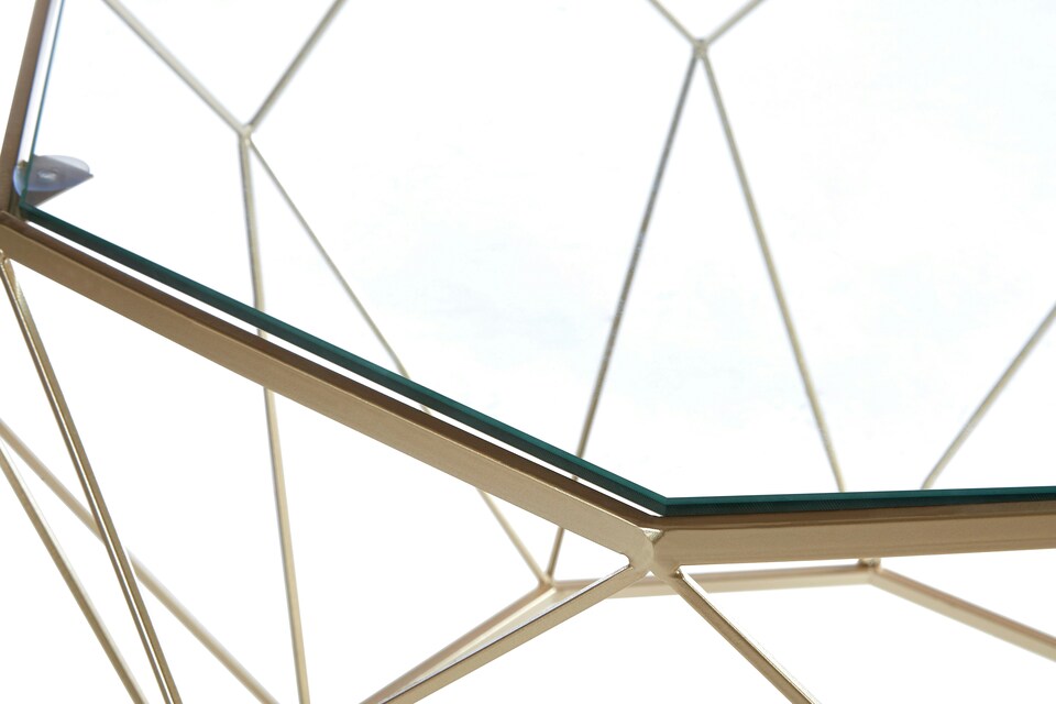 image 1 of Orsina Geometric Set Of 2 Clear Glass Tables, Iron Frame Side Table By Couch, Champagne Finish Lounge Table