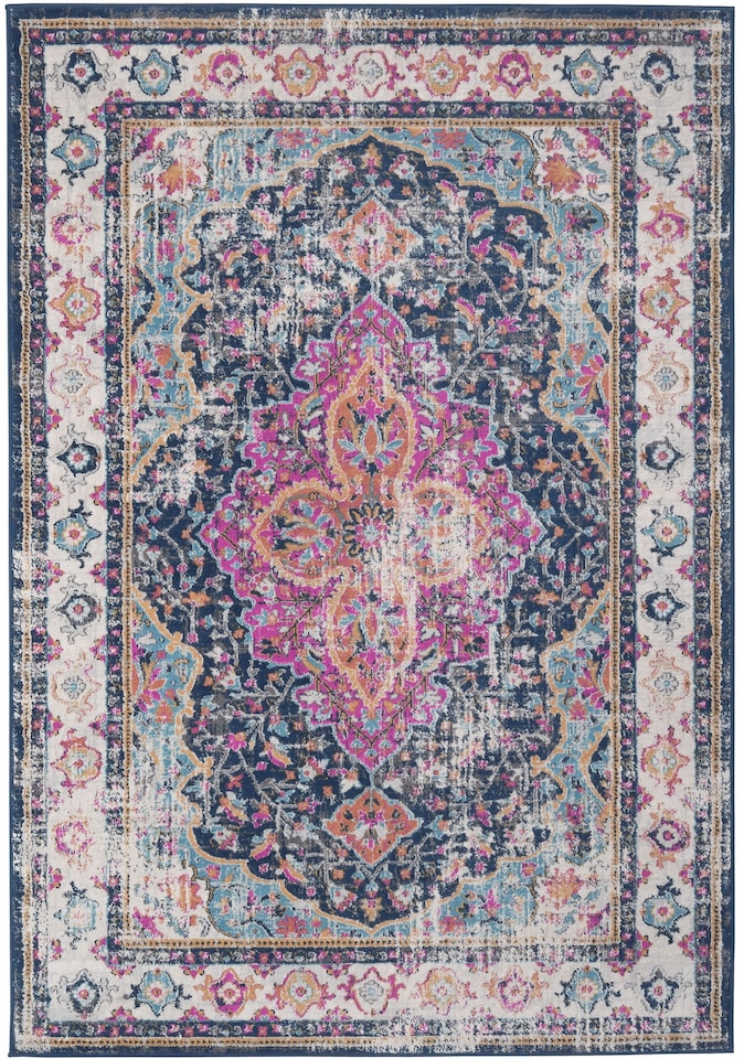 image 1 of The Rugs Marrakech Collection Pink and Navy Distressed Medallion Living Room Floor Rug and Runner | 440
