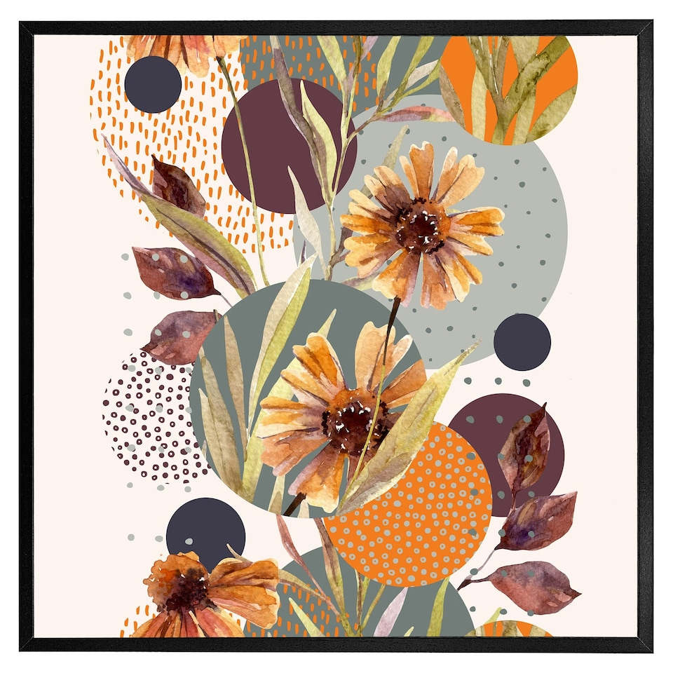 image 1 of Orange geometric with flowers (Picture Frame) Black | M