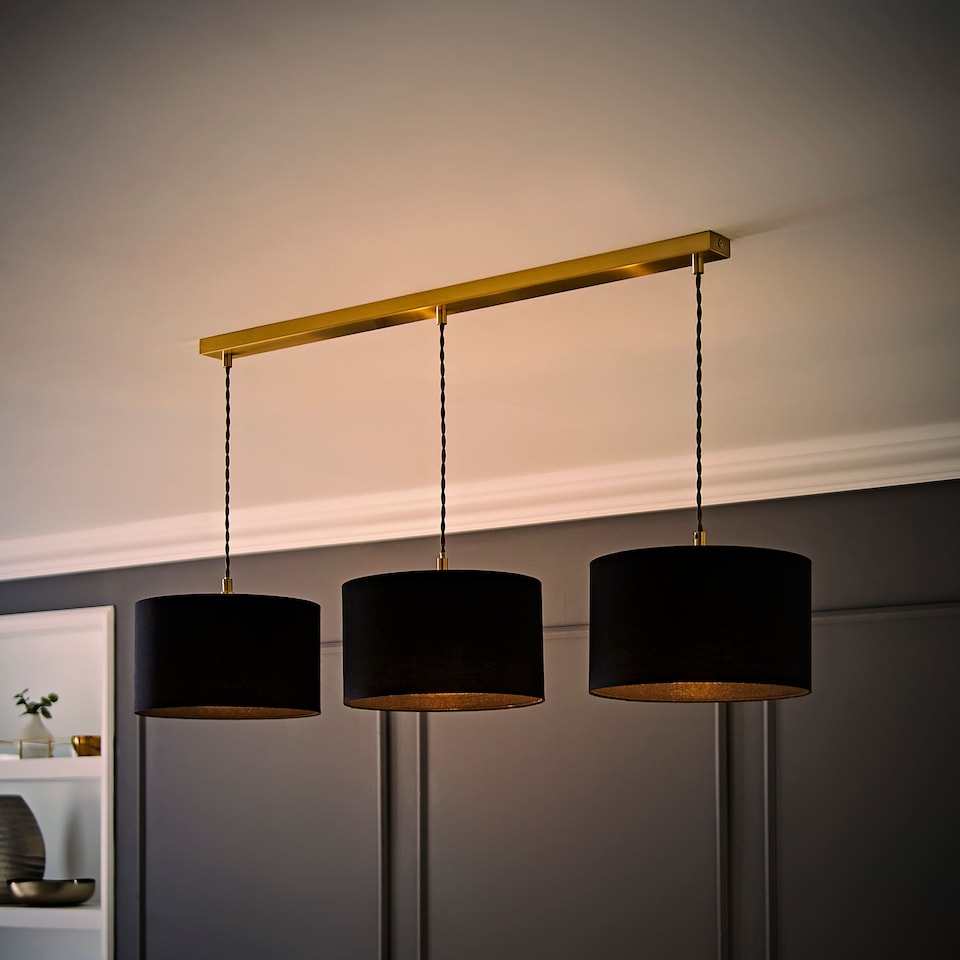 image 1 of ValueLights Shaw Gold 3 Drop Bar Ceiling Pendant Black Shades | Gold