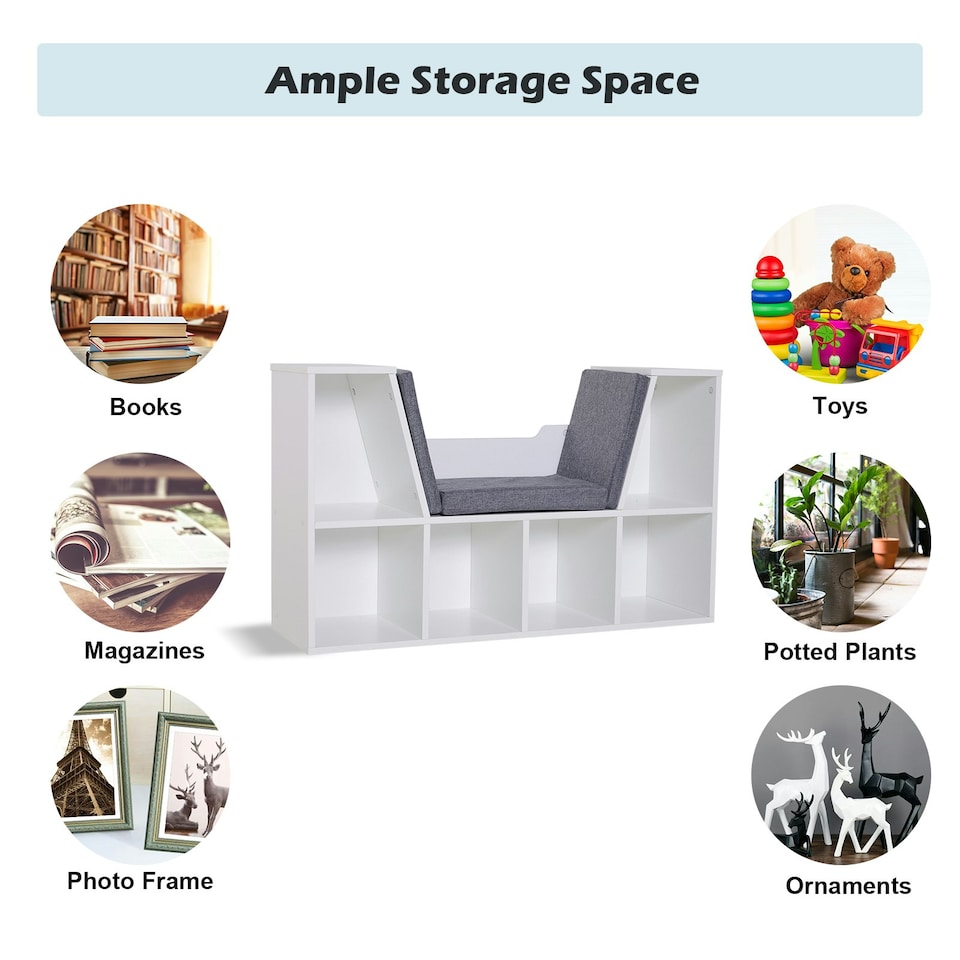 image 1 of HOMCOM Bookcase Storage Reading Seat Unit Kids Adults Six Cubes White