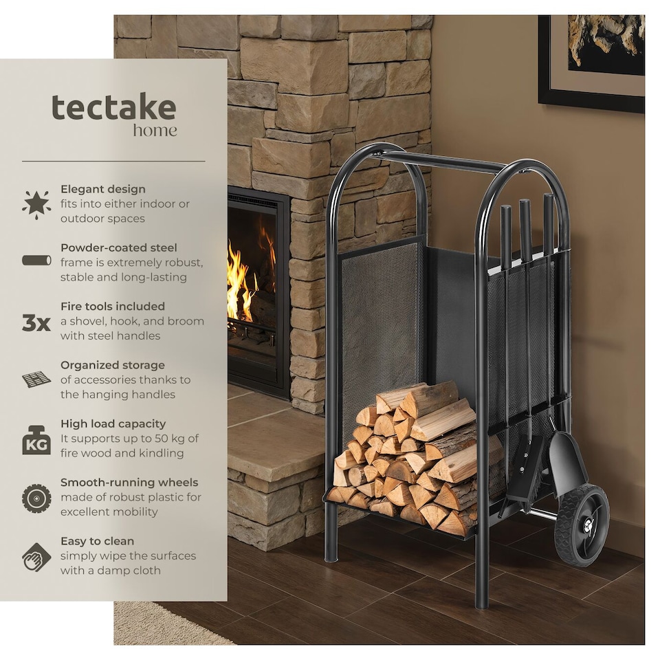 image 1 of Log Holder - fireplace wood storage, with broom, shovel and poker