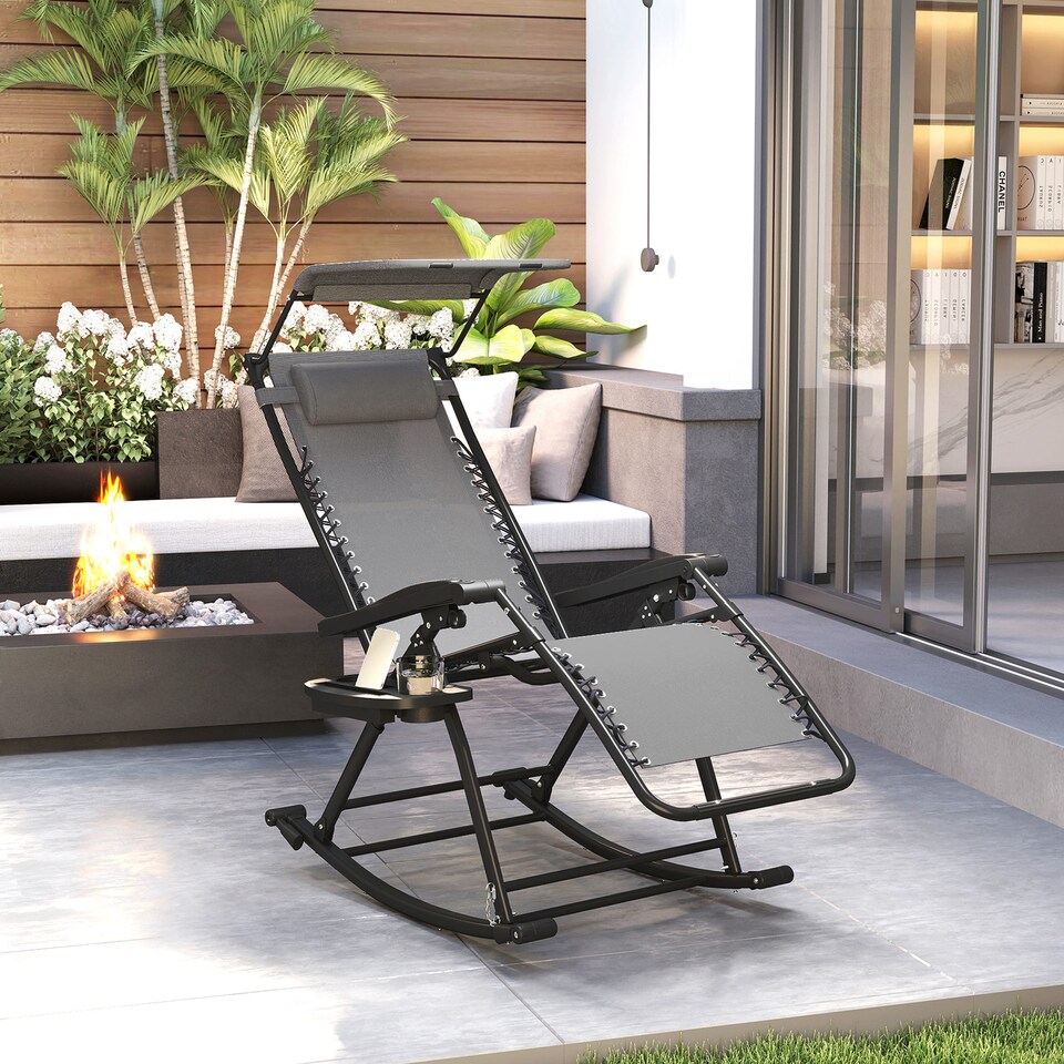 image 1 of Outsunny Garden Rocking Chair Folding Recliner Outdoor Adjustable Sun Lounger Rocker Zero-Gravity Seat with Headrest Side Holder Patio Deck - Grey