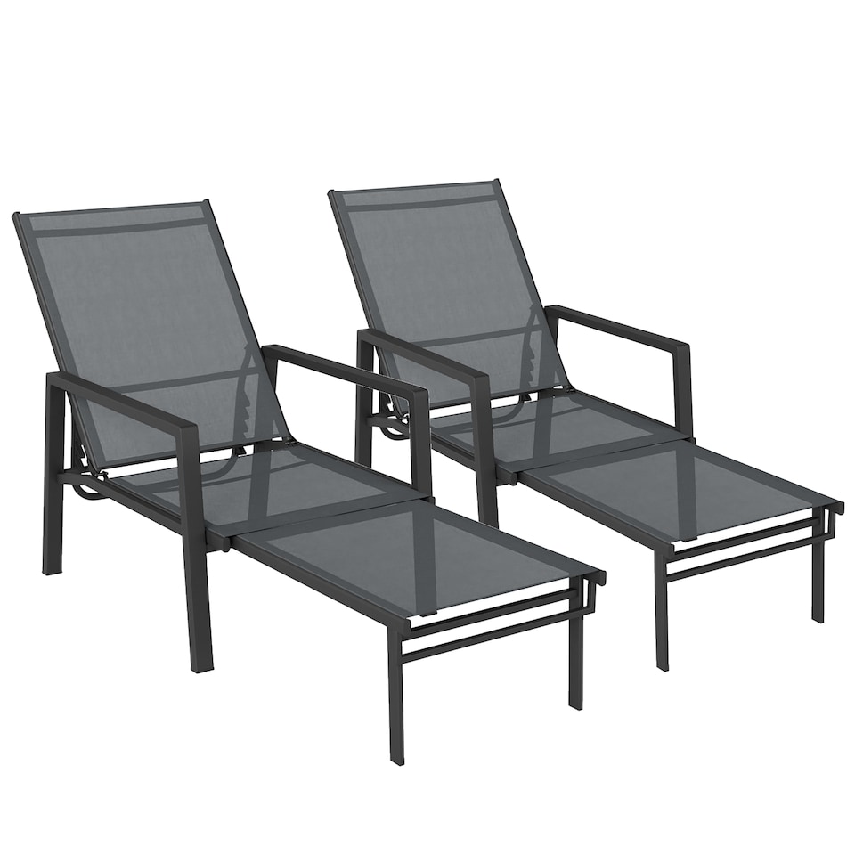 image 1 of Outsunny Sun Loungers Set of 2 w/ Retractable Footrest 5-Position Adjustable | Grey | One Size