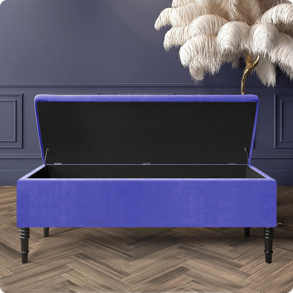 image 1 of 120cm Paris Plain Ottoman Storage Bench -Naples Shoes Bench with Black Turned Wooden Legs - Blue Upholstery Storage Footstool