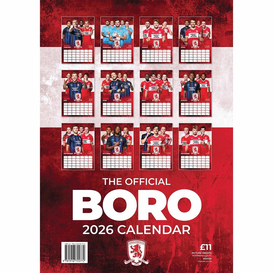 image 1 of Middlesbrough FC A3 Calendar 2026, Wall Calendars, Month To View, Sports, Gift