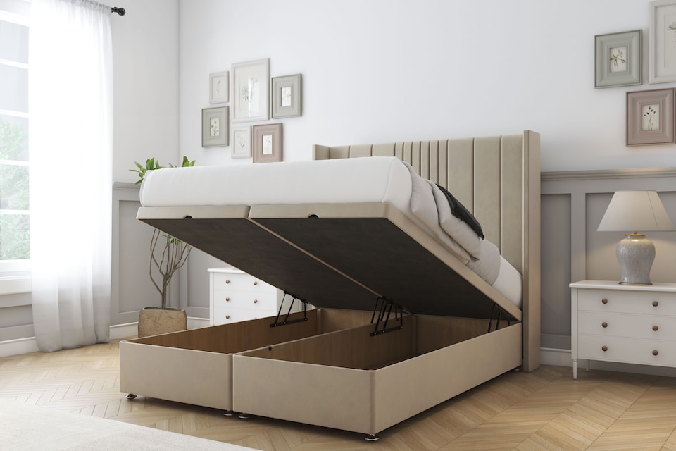image 1 of Sloomy Hargrave Almond Coniston Ottoman Bed With Mattress With 54" Wingback Headboard 4' Small Double