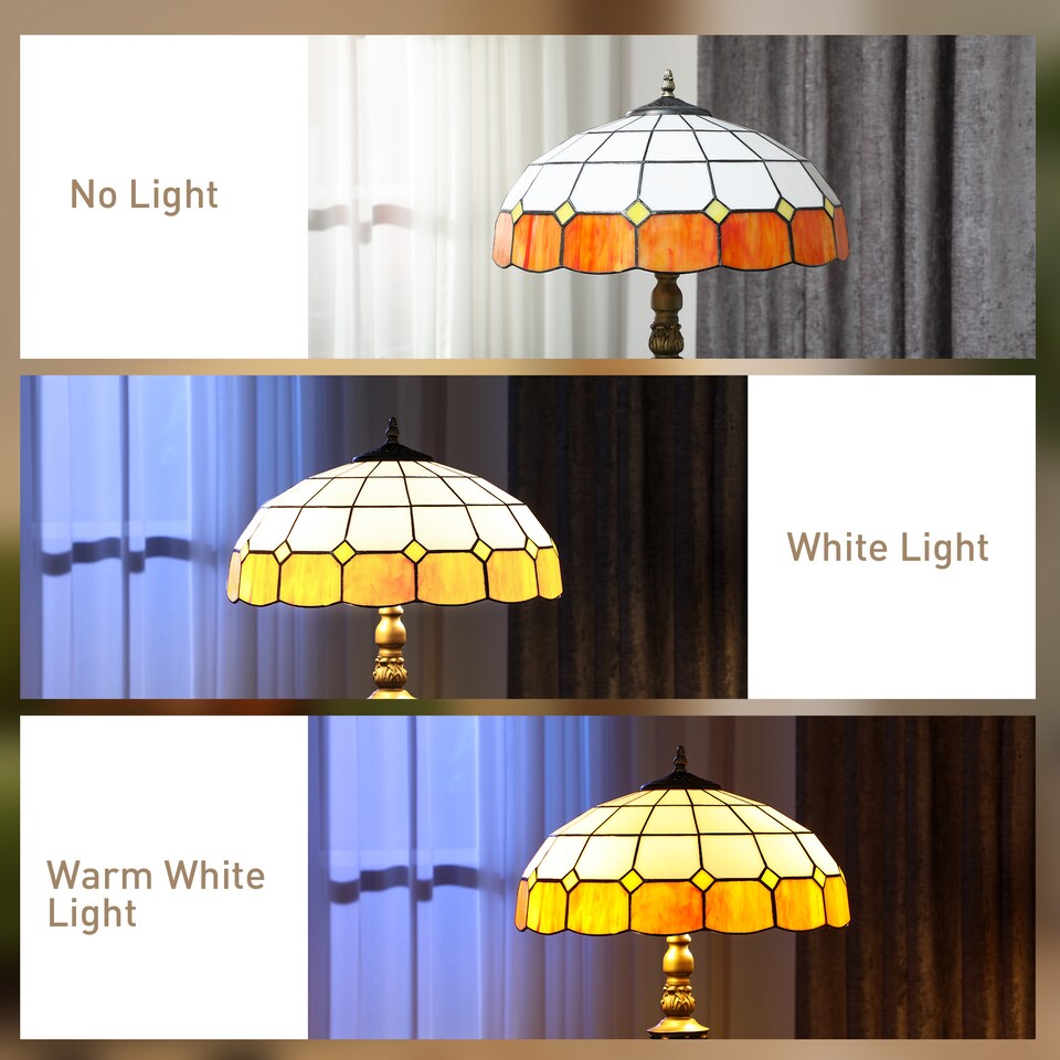 image 1 of HOMCOM Tiffany-Style Floor Lamp with Handcrafted Stained Glass Shade, 152cm Tall Vintage Standing Lamp with Foot Switch and Dual Sockets for Living Room Bedroom, Bronze Tone and Orange | Orange