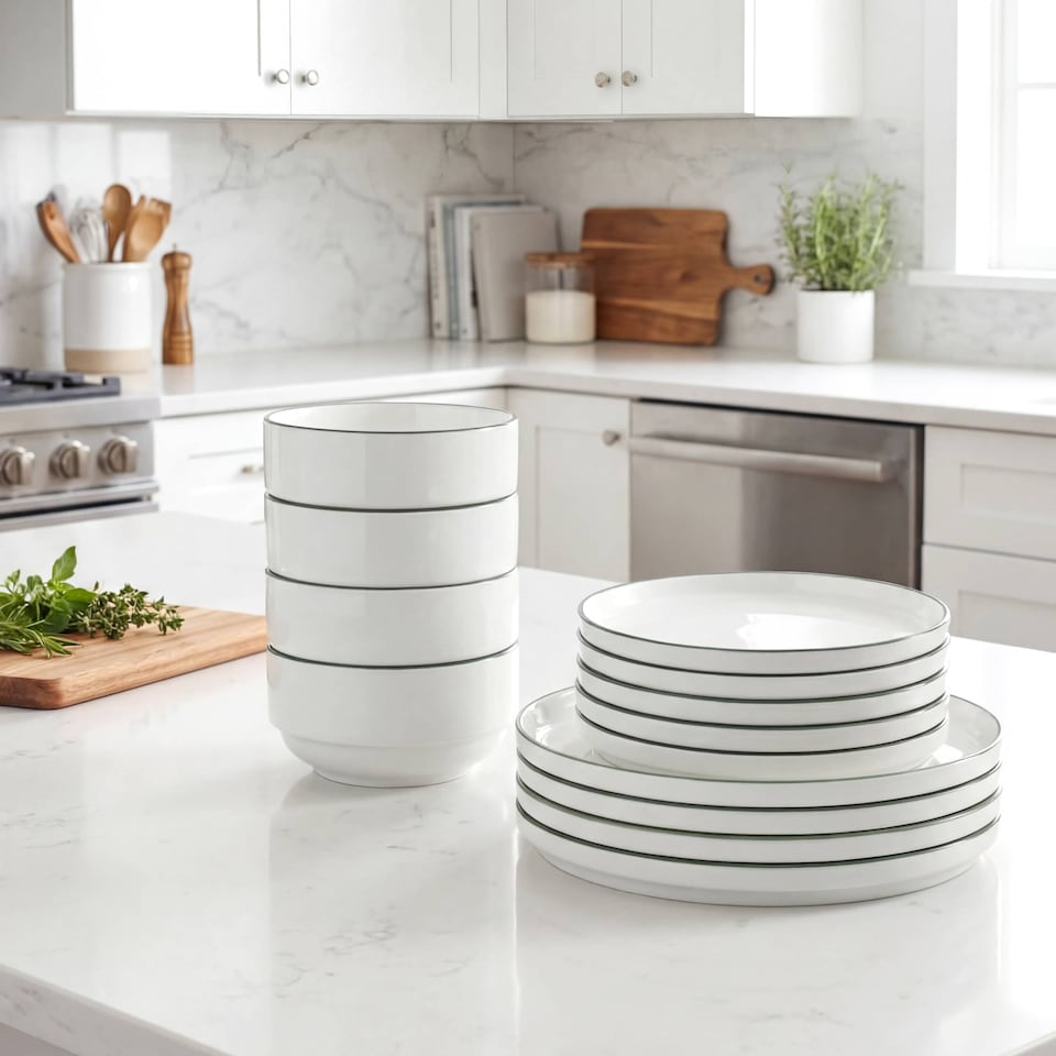image 1 of 12pc Stackable Green Dinner Set