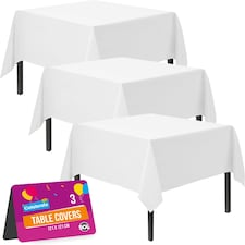3pk White Tablecloths 121×121cm – Disposable Plastic Party Covers with Heavy Duty Spill Protection for Weddings, Buffets & Events