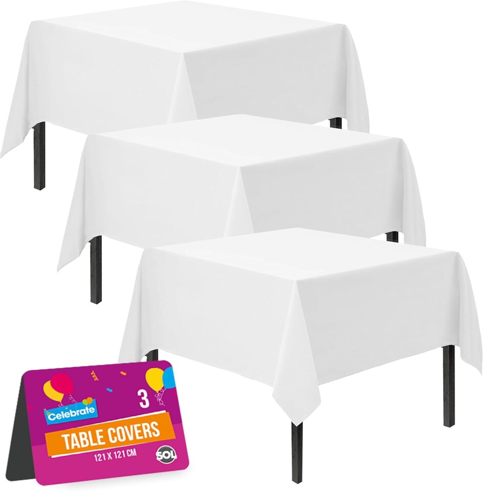 image 1 of 3pk White Tablecloths 121×121cm – Disposable Plastic Party Covers with Heavy Duty Spill Protection for Weddings, Buffets & Events