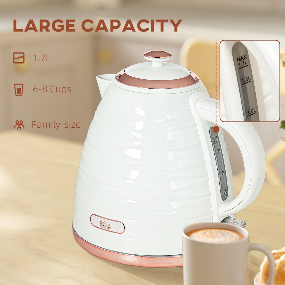 image 1 of HOMCOM Electric Kettle 1.7L, Fast Boil, 3kW Cordless Water Kettle with Removable Washable Anti-scale Filter, UK Otter Thermostat, Auto Shut-off, 360degree Swivel, BPA Free, Cream White Water Ripple Texture