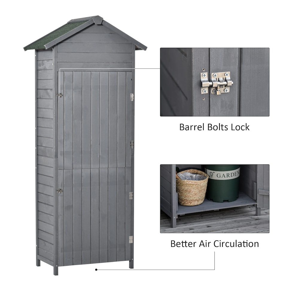 image 1 of Outsunny Wooden Garden Storage Shed Utility Gardener Cabinet w 3 Shelves, Tiltedfelt Roof and Two Lockable Doors, 79cm x 49cm x 191.5cm, Dark Grey