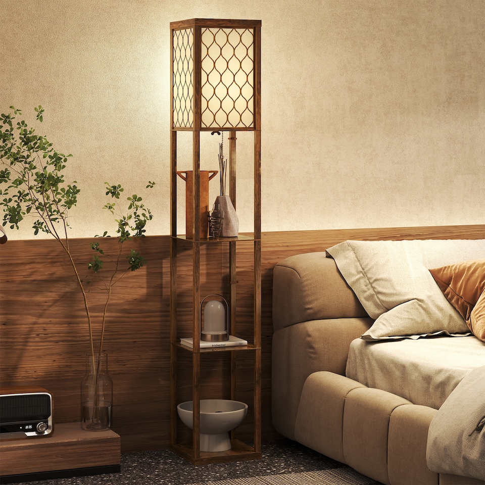 image 1 of HOMCOM Modern Floor Lamp Light with 3 Shelves Fabric Lampshade, Rustic Brown | Brown | Rustic Brown