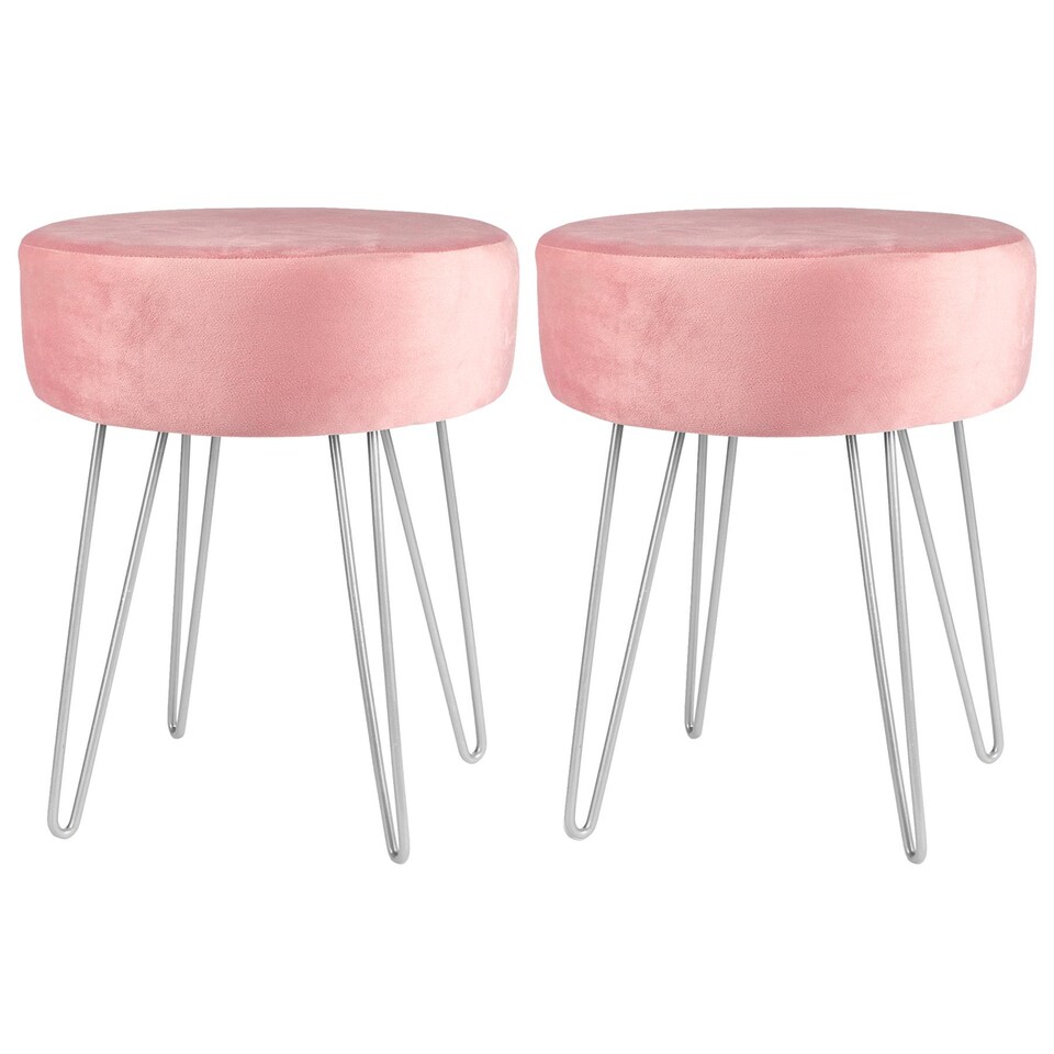 image 1 of Harbour Housewares 2x Velvet Footstools - Round Modern Dressing Table Footstool Vanity Seat Chairs - 40 x 35cm - Pink/Silver | Pink | Pink/Silver | Pack of 2 | 2
