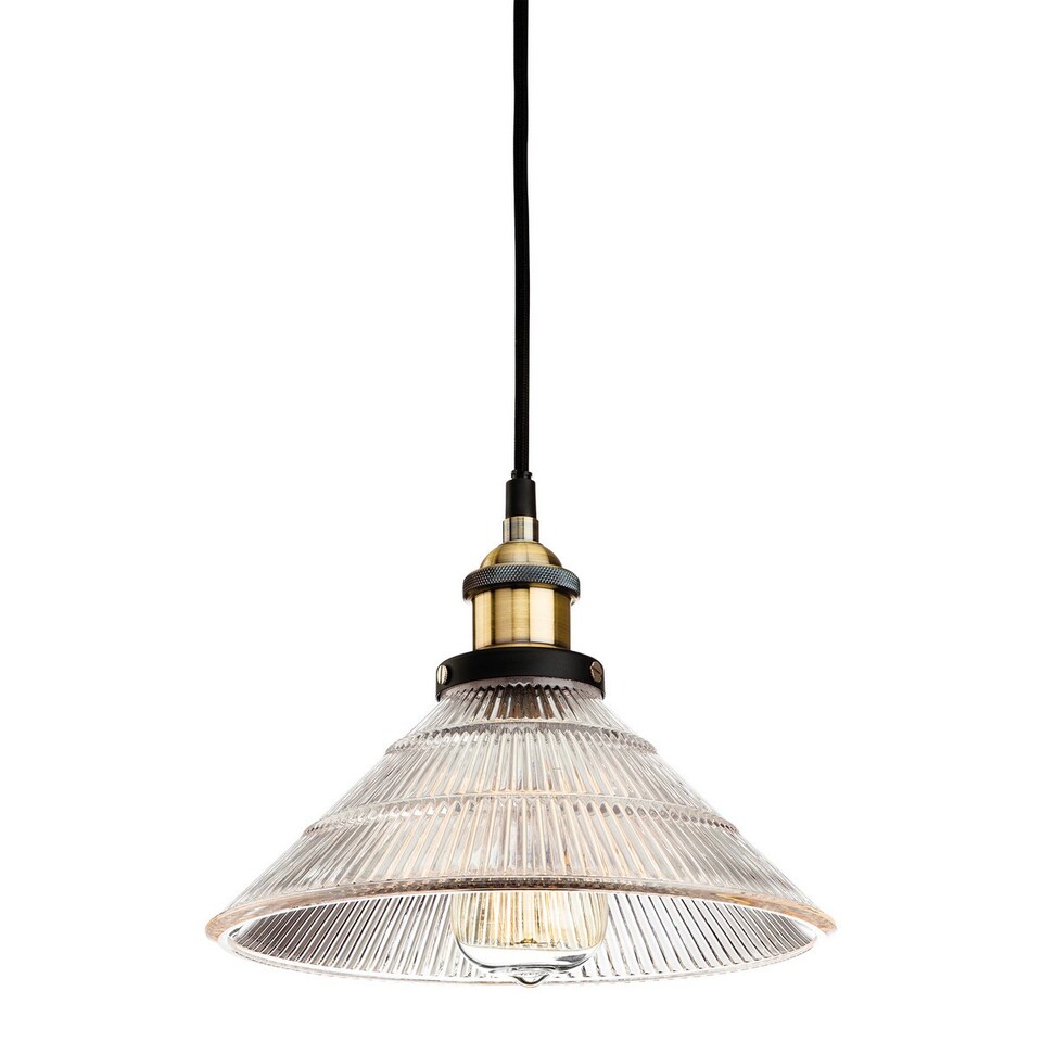 Empire 1 Light Dome Ceiling Pendant Antique Brass, Clear Fluted Glass, E27