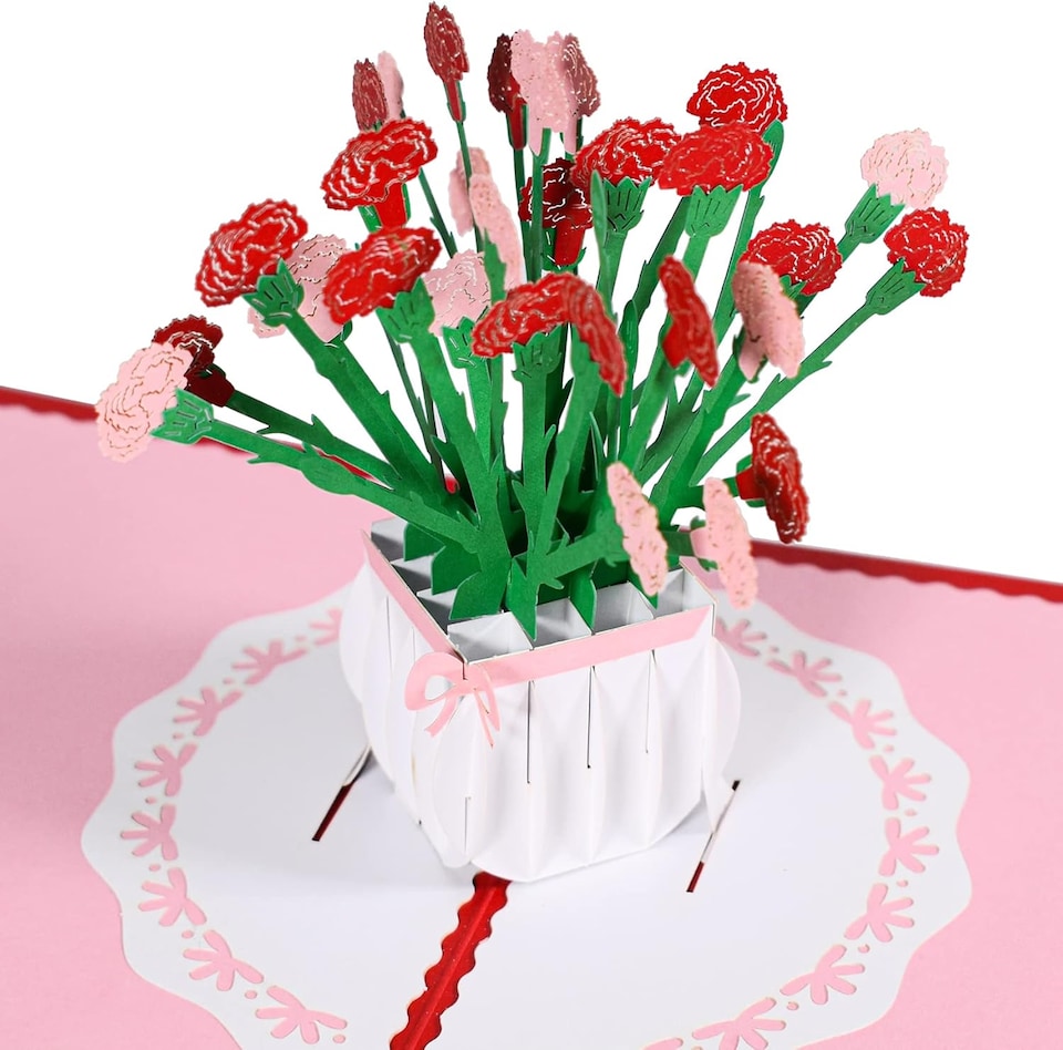 image 1 of Carnation Vase 3D Pop Up Greeting Card - Mother's Day Anniversary Birthday Get Well
