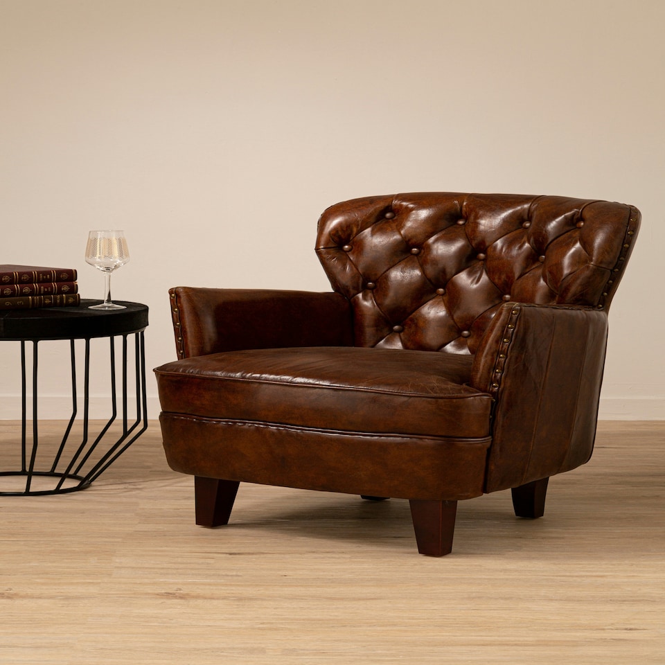 image 1 of Mocha Brown Button Back Armchair,Lounge Chair With Quilted Backrest,Metallic Studded Seat With Walnut Feet Brown