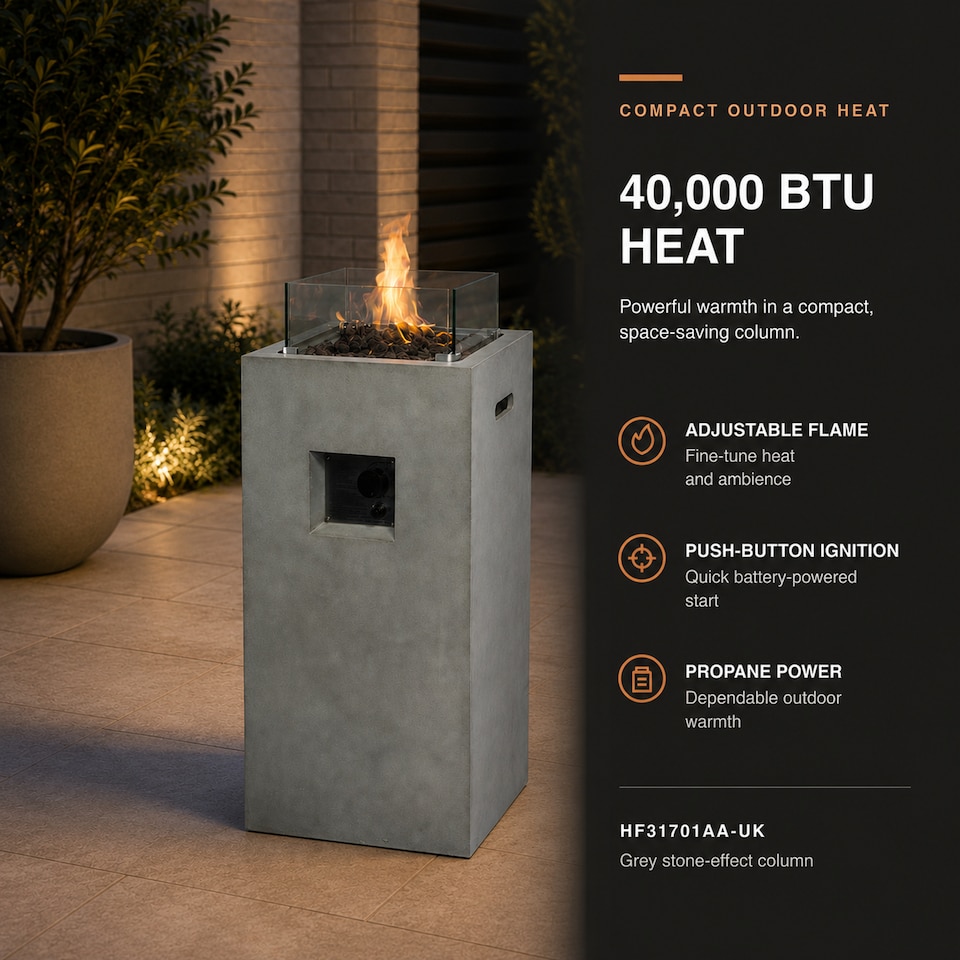 image 1 of Teamson 42cm Gas Fire Pit Column with Glass Wind Guard & Lava Rocks