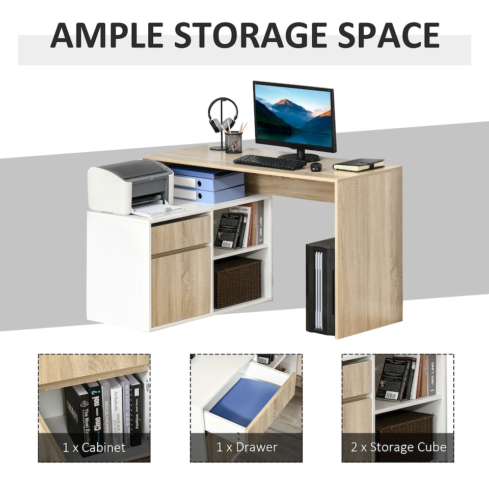 image 1 of HOMCOM L-Shaped Desk, Corner Computer Desk with Storage Drawer, Adjustable Shelf, Cabinet for Home Office and Study, 120 x 92 x 75cm, Oak and White