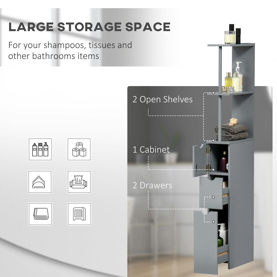 image 1 of HOMCOM Tall Bathroom Storage Cabinet with Shelf and Drawers, Grey