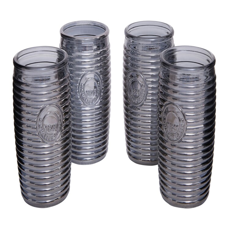 Interiors By Premier Set Of 4 Grey Ribbed Glass Tumblers, Stylish Set Of 4 Glasses, Ribbed Glassware Set, Grey Drinking Glasses