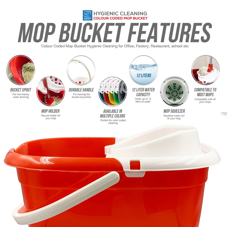 image 1 of Colour Coded Mop Bucket with Removable Wringer 12L Heavy Duty Plastic Cleaning Bucket for Home Kitchen and Catering