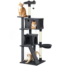 PawHut 180cm Cat Tree, Multi-Level Large Cat Tower with 3 Sisal Scratching Posts, Condos, Plush Perches, Hammock, Ladder, Dangling Balls, Kitten Activity Centre for Kittens Playing Relaxing | Grey
