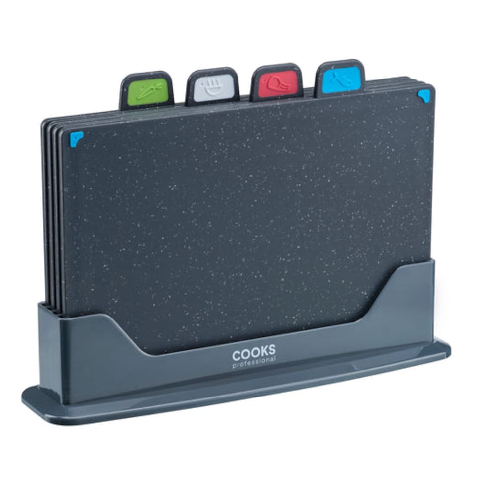 image 1 of Cooks Professional Set of 4 Index Chopping Boards with Stand & Coloured Tabs