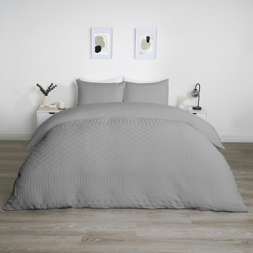 image 1 of OHS Tribal Geometric Embossed Textured Duvet Bedding Set, Super King - Grey