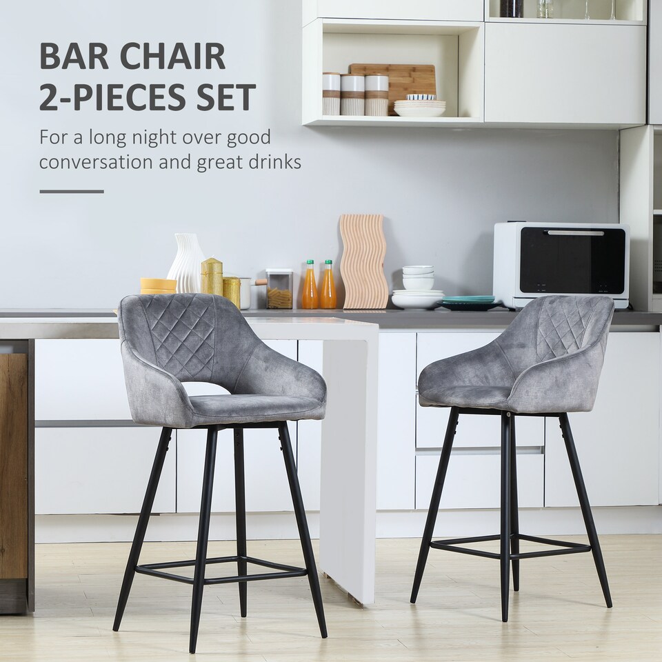 image 1 of HOMCOM Bar Stools Set of 2, Velvet-Touch Fabric Counter Height Bar Chairs, Kitchen Stools with Steel Legs for Dining Area, Kitchen Island Barstools, Grey