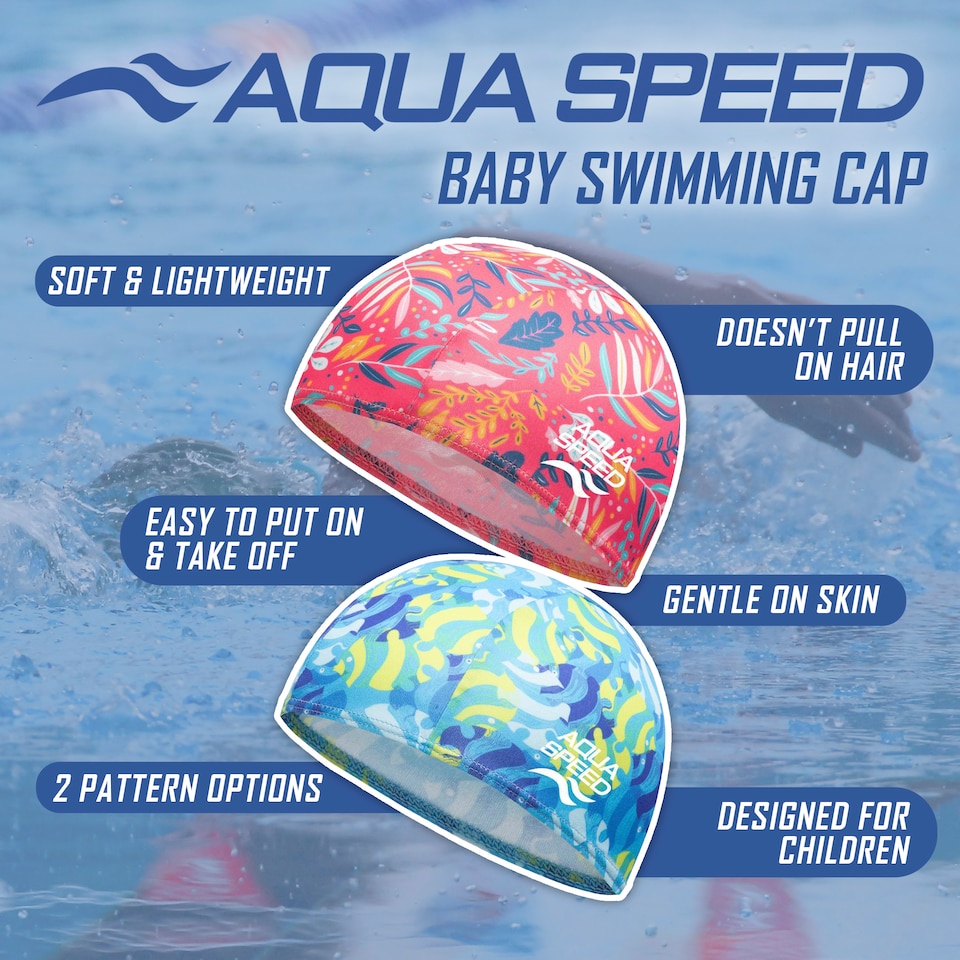 image 1 of Baby Girl & Boy Patterned Fabric Swimming Cap | Flexible Comfortable Toddler Fit | Blue | Blue | One Size | 1