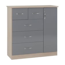 Nevada 5 Drawer Low Wardrobe - L46 x W117 x H115 cm - Grey Gloss/Light Oak Effect Veneer