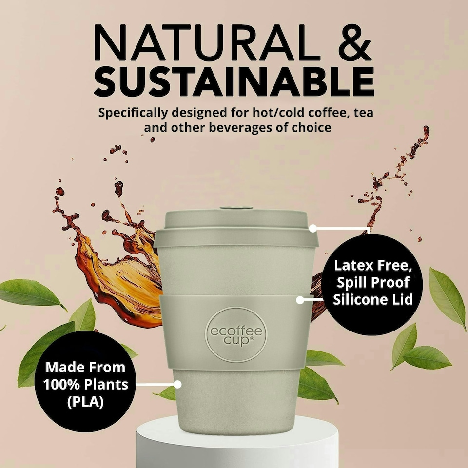 image 1 of Ecoffee Cup 8oz 240ml Reusable Eco-Friendly 100% Plant Based Coffee Cup with Silicone Lid & Sleeve - Melamine Free Travel Mug N/A | Molto Grigio