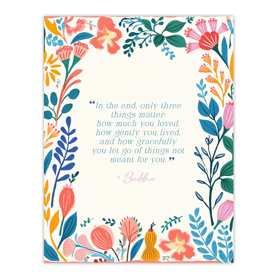 image 1 of Buddhist Mindfulness Quote Floral Buddha Meditation Framed Wall Art Print