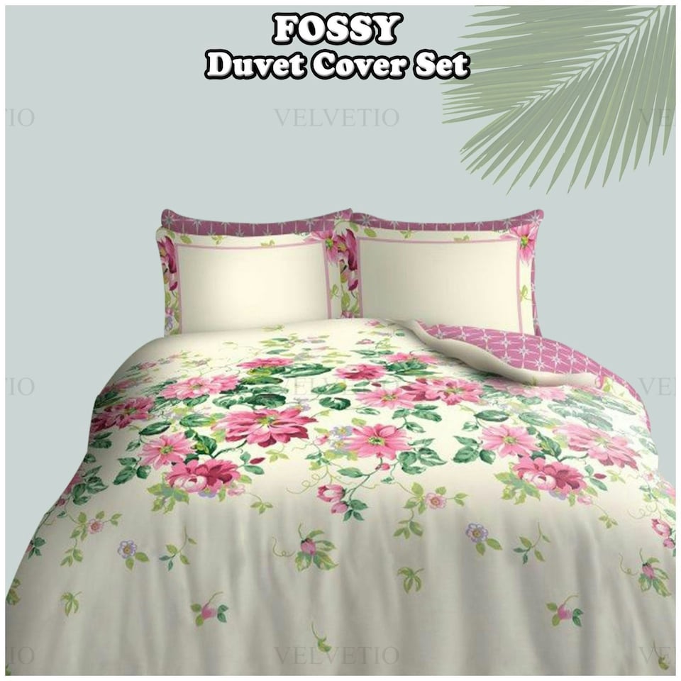 image 1 of VELVETIO Fossy Complete Duvet Cover Set with Fitted Sheet Soft Printed Bedding Bedset Cream | King