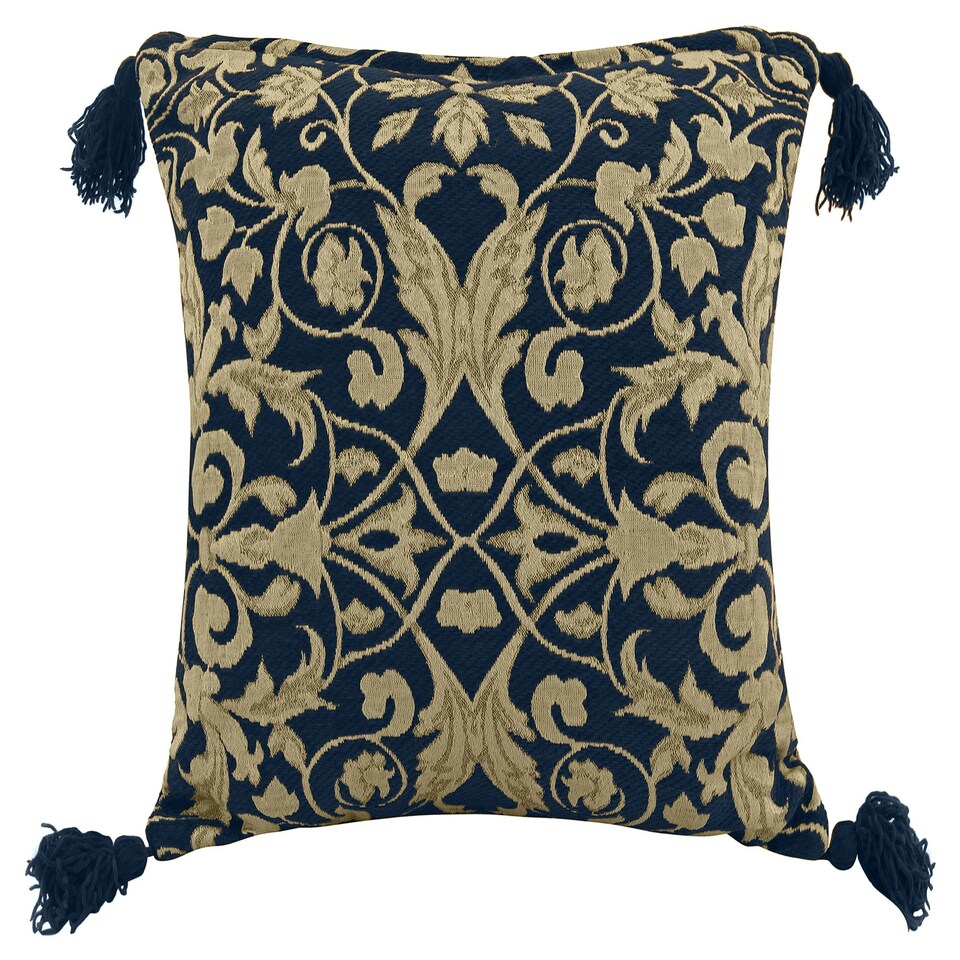 image 1 of Superior Jacquard Floral Tassle Corner Cushion - 56cm x 56cm Blue | Navy